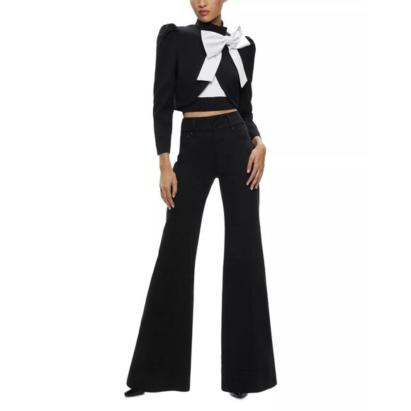 440$ Alice and Olivia Addison Bow Cropped Blazer Top Puff Shoulders Size M Black - Picture 4 of 5